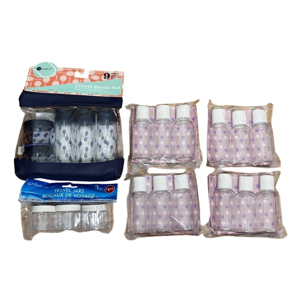 Miamica‎ Travel Bottle Set 9pc Plus 12 Bottles and 3 Jars Bundle NWT Navy Blue